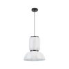 White ribbed pendant light with a dome shade suspended by a black cord from a ceiling mount.