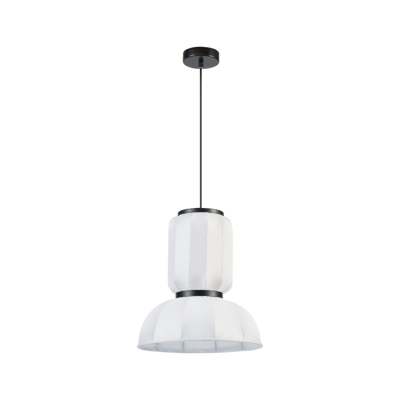 White ribbed pendant light with a dome shade suspended by a black cord from a ceiling mount.