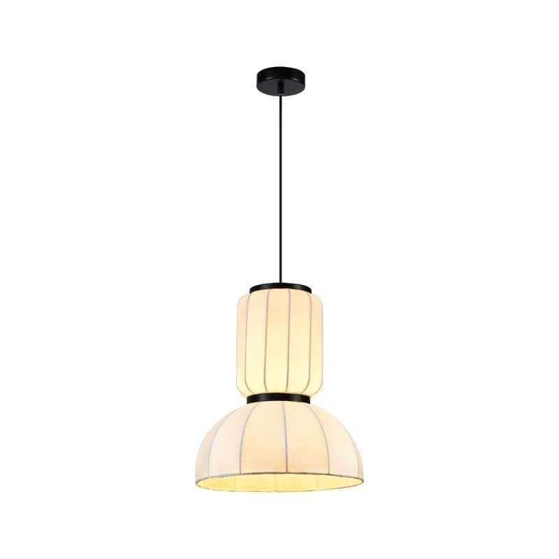 Cream fabric pendant light with a cylindrical top and wide pleated dome shade, suspended by a black cord under a round canopy.