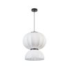 White double-globe pendant light hanging from a black cord and ceiling mount.