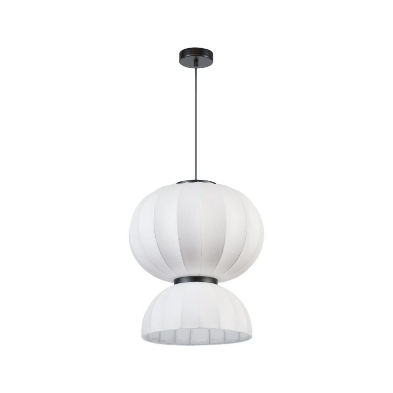 White double-globe pendant light hanging from a black cord and ceiling mount.