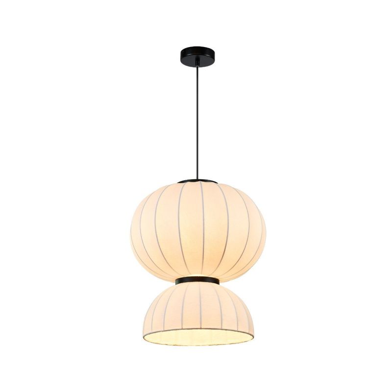 Dual globe pendant light with two cream fabric shades suspended by a black cord and ceiling mount