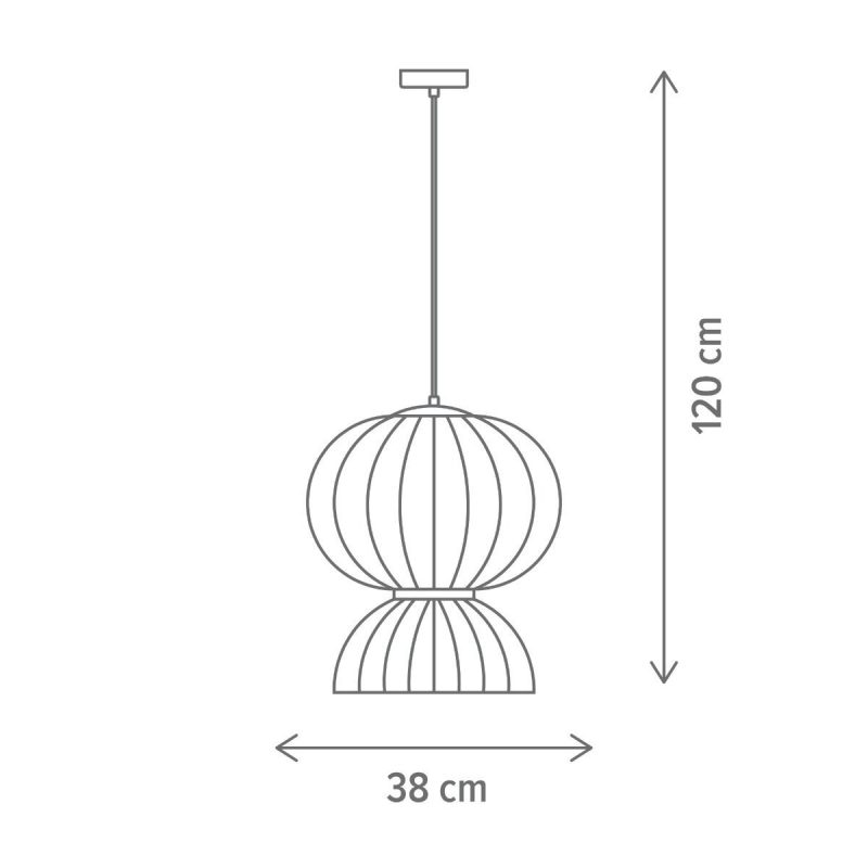 Pendant light with a two-sphere, slatted frame design shown suspended from a ceiling, 120 cm drop and 38 cm width.