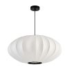 White pendant lamp with a round, ribbed shades hanging from a black cord and ceiling mount.