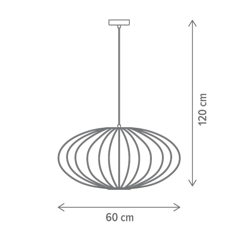 Pendant light with a wireframe spherical shade hanging from the ceiling; 60 cm wide and 120 cm tall in total height.