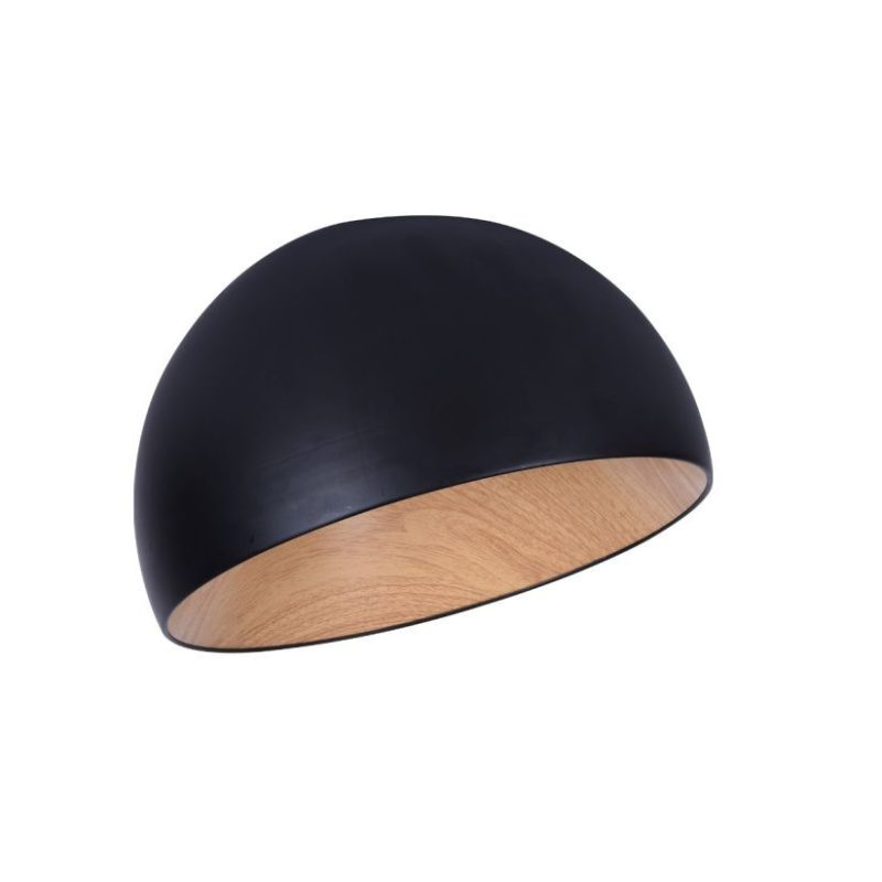 Black hemispherical pendant light shade with a natural wood interior.
