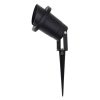 Black outdoor garden spotlight on a pointed stake with an adjustable head for directional lighting.