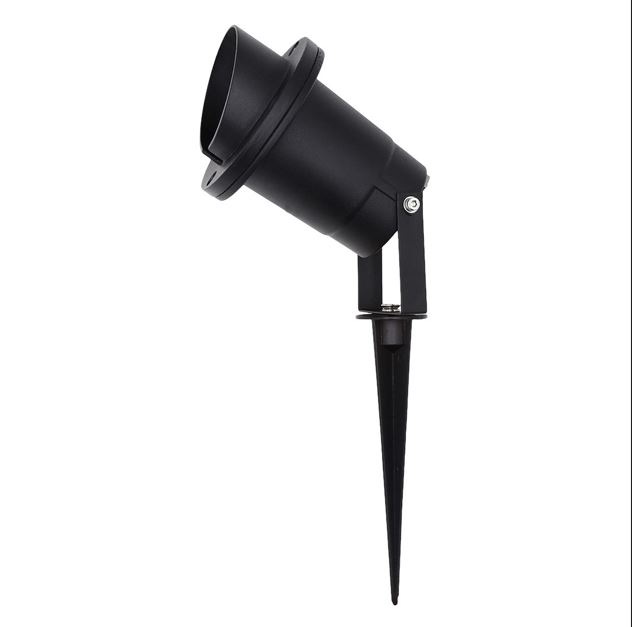 Black outdoor garden spotlight on a pointed stake with an adjustable head for directional lighting.