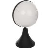 Round white glass globe resting on a black conical lamp base (modern table lamp).