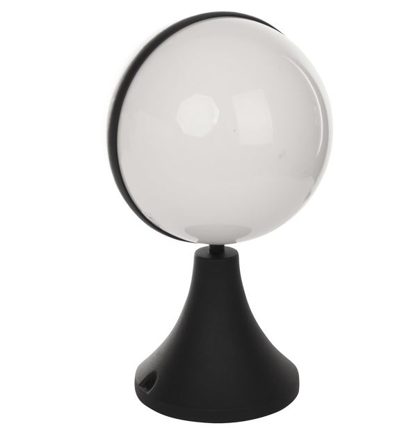 Round white glass globe resting on a black conical lamp base (modern table lamp).