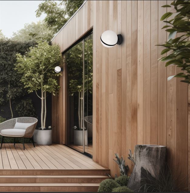 Modern wooden deck and wall with round outdoor lights, sliding glass doors, and seating area amid potted trees and plants.