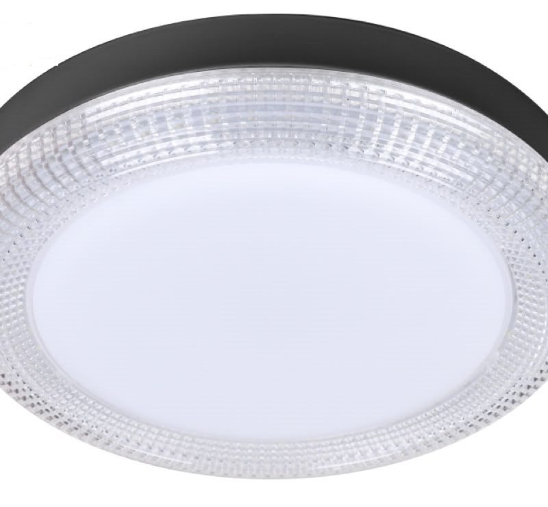 Round ceiling LED light fixture with a frosted diffuser and textured outer ring