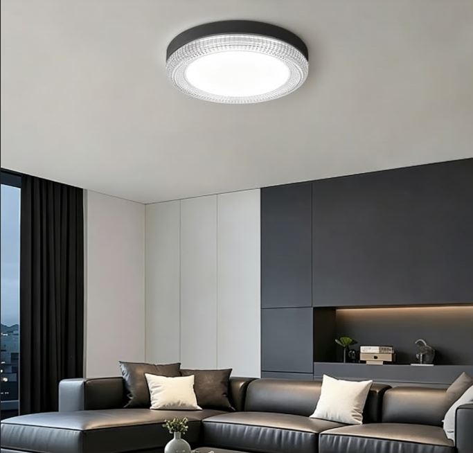 Modern living room featuring a circular ceiling light, a charcoal sectional sofa, and dark built-in cabinets.