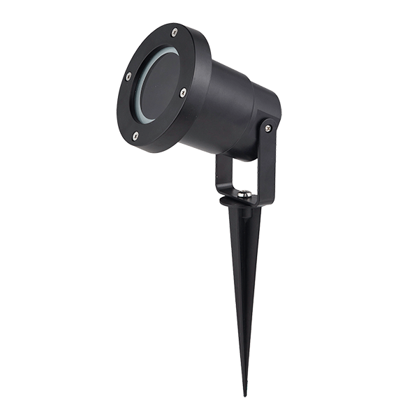 Outdoor landscape spotlight with adjustable head mounted on a stake for ground lighting (black finish)