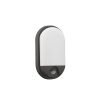 Wall-mounted outdoor light with a rounded white shade and a motion sensor at the bottom.