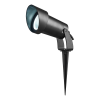 Black outdoor landscape spotlight with an adjustable head and ground stake, designed for exterior lighting