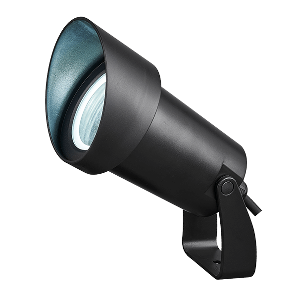 Black adjustable spotlight on a metal mounting bracket, angled to the left.