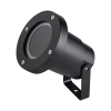 Black outdoor spotlight with a circular lens and metal mounting bracket