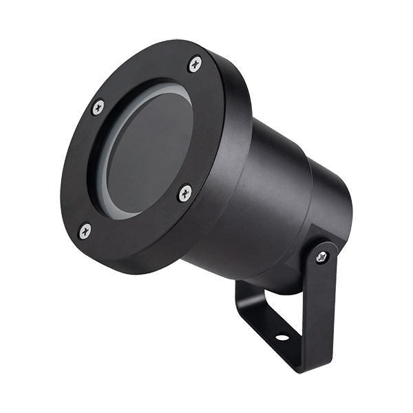 Black outdoor spotlight with a circular lens and metal mounting bracket