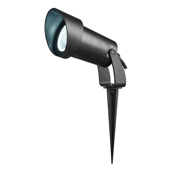 Black outdoor landscape spotlight with an adjustable head and ground stake, designed for exterior lighting