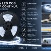 Infographic promoting COB LED strip for interiors: 30 meters, 6500K cool white, large reel on left, features listed on the right.