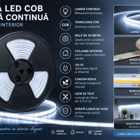 Banda led Cob 480LED/m 6500K IP20 24V rola 30 Metri, 11W/m