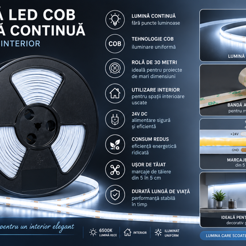 Infographic promoting COB LED strip for interiors: 30 meters, 6500K cool white, large reel on left, features listed on the right.