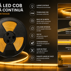 Banda led Cob 480LED/m 3000K IP20 24V rola 30 Metri, 11W/m