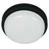 Round white flush-mount ceiling light with a black backing plate, ceiling fixture for indoor lighting.