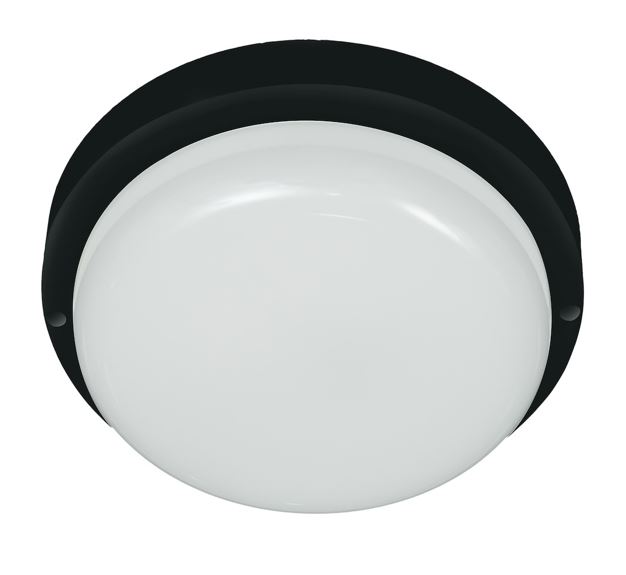 Round white flush-mount ceiling light with a black backing plate, ceiling fixture for indoor lighting.