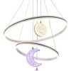 Nursery ceiling mobile with two glowing circular rings and hanging moon and star ornaments