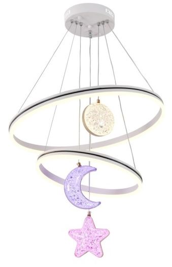 Nursery ceiling mobile with two glowing circular rings and hanging moon and star ornaments
