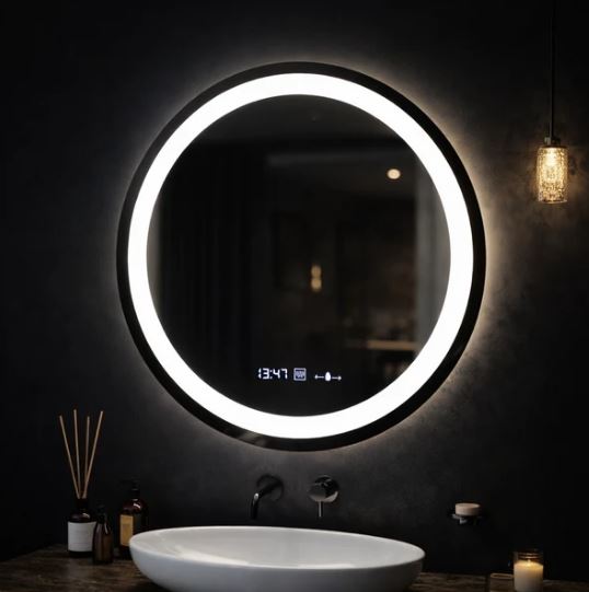 Round illuminated mirror above a white sink in a dark bathroom, with a hanging bulb and diffuser sticks on the counter.