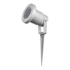 Silver outdoor landscape spotlight mounted on a ground stake for garden lighting