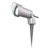 Adjustable grey outdoor spotlight on a ground spike for landscape lighting.