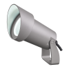 Gray adjustable spotlight with a large front lens and mounting bracket, viewed from the side.