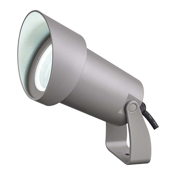 Gray adjustable spotlight with a large front lens and mounting bracket, viewed from the side.