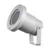 Silver adjustable spotlight with a round lens and mounting bracket for wall or ground mounting lazily angled for lighting