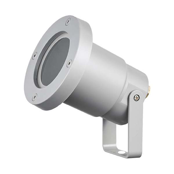 Silver adjustable spotlight with a round lens and mounting bracket for wall or ground mounting lazily angled for lighting