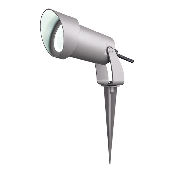 Adjustable grey outdoor spotlight on a ground spike for landscape lighting.