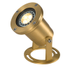 Brass outdoor LED spotlight with adjustable mount and circular base for landscape lighting