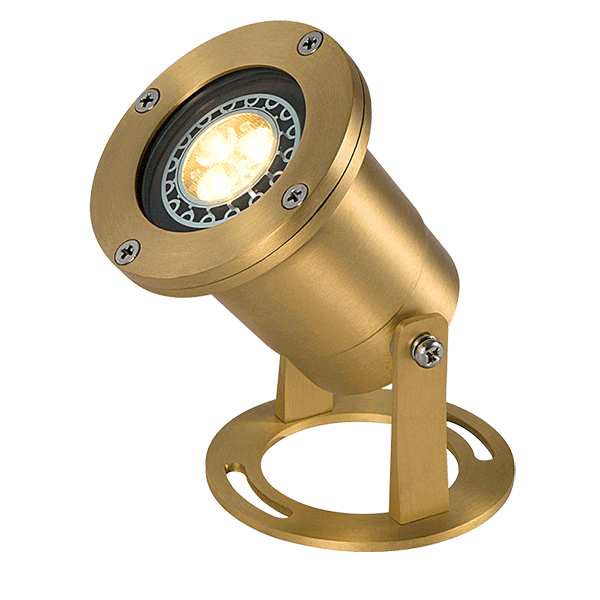 Brass outdoor LED spotlight with adjustable mount and circular base for landscape lighting
