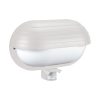 White outdoor wall light with a ribbed, rounded housing and a clear lower diffuser, plus a motion/occupancy sensor below