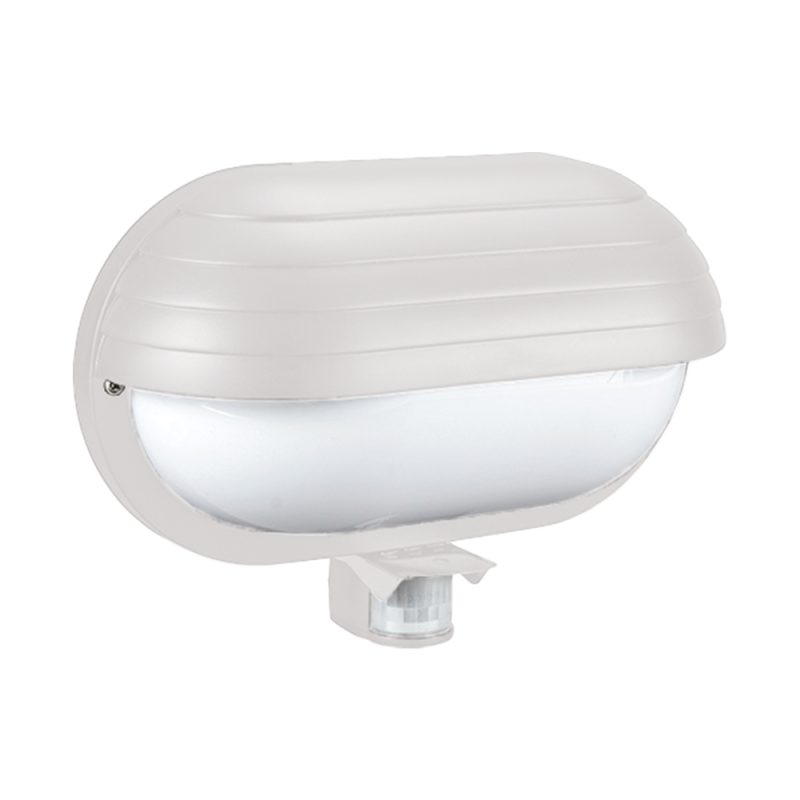White outdoor wall light with a ribbed, rounded housing and a clear lower diffuser, plus a motion/occupancy sensor below