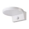 White outdoor wall light with a rounded circular shade and motion sensor on a rectangular base