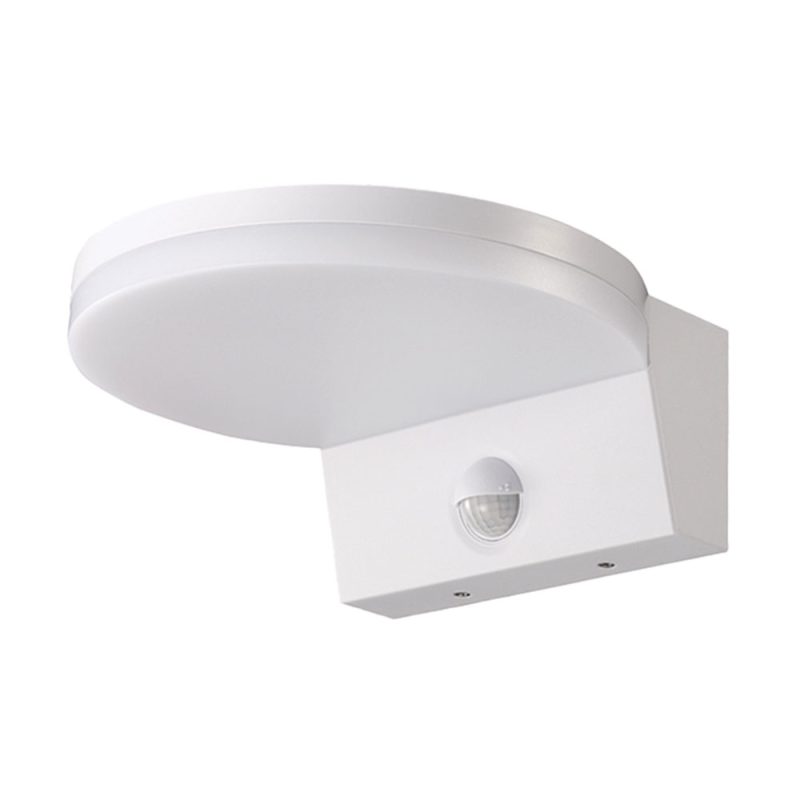 White outdoor wall light with a rounded circular shade and motion sensor on a rectangular base