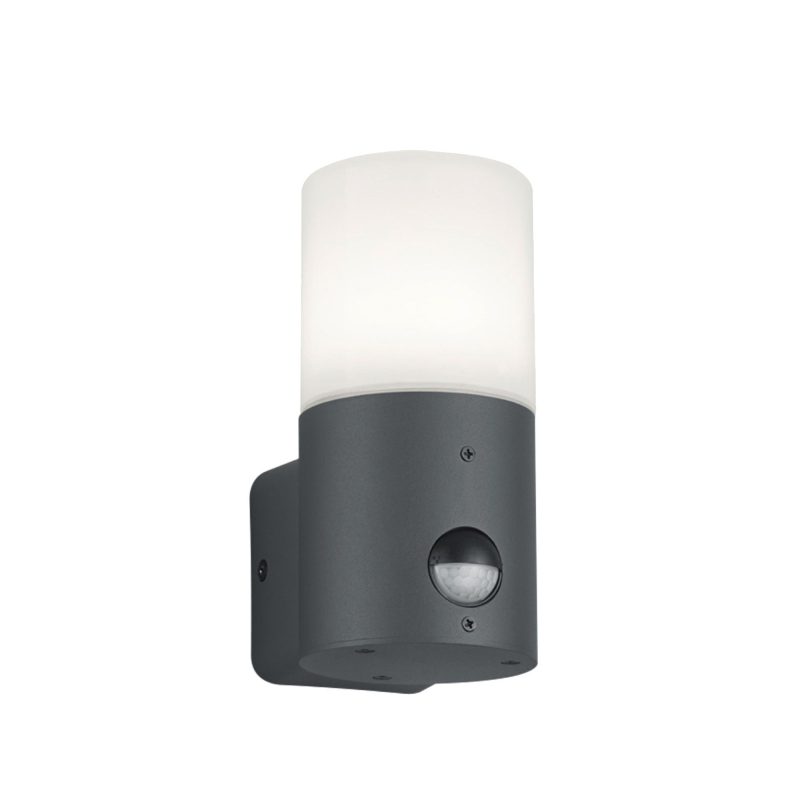 Outdoor cylindrical wall light with a white diffuser and dark gray body, featuring a motion sensor window at the bottom.