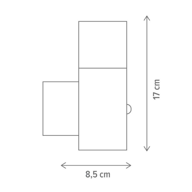 Diagram of a stepped block: three stacked rectangles with a left protruding square; overall width 8.5 cm and height 17 cm; small notch on the right mid-height.