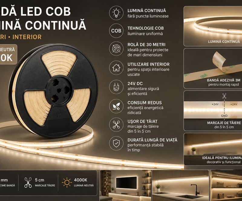 Large reel of LED COB strip with a glowing segment, advertising 30 meters of interior lighting in 4000K neutral white.