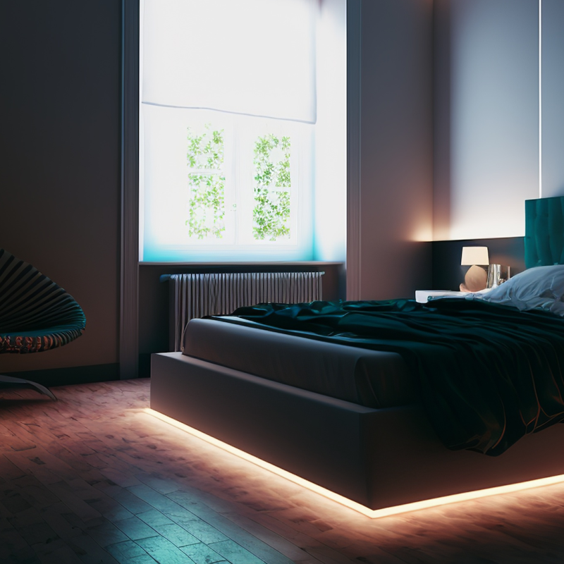 Modern bedroom at night with illuminated under-bed lighting, a dark teal duvet, and a white bedside lamp.